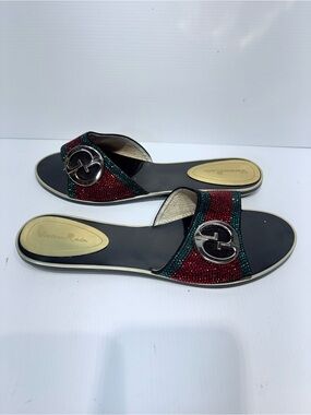 Sparkling Red and Green Crystal-Embellished Slide Sandals - Size 11 (EU 42)